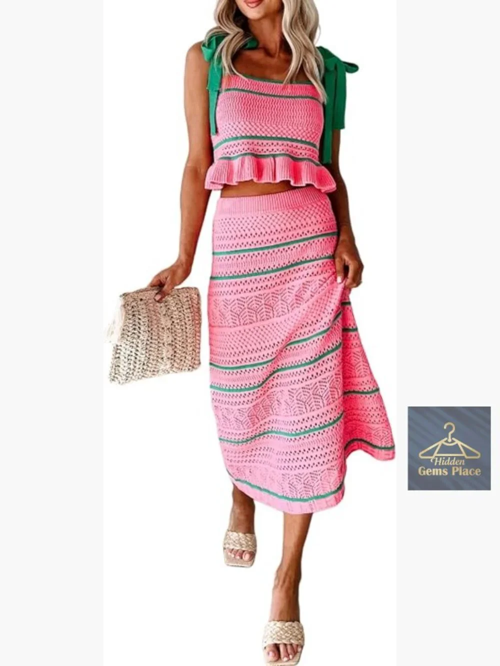 Women Crochet Knit 2 Piece Vacation Outfit Sleeveless Tie Shoulder Tank Top - Picture 1 of 1